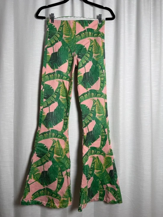 Judith March Palm Flare Pants Pink Green Tropical High Waist Bell Bottom Size S - Picture 5 of 14